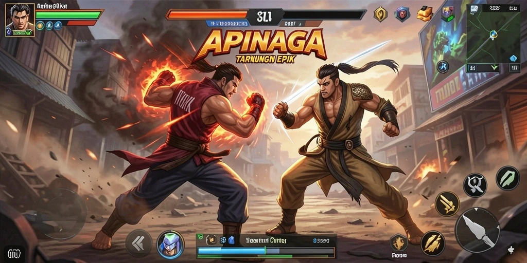 Tampilan utama gameplay <strong>APINAGA</strong> yang penuh aksi dan strategi pertarungan.