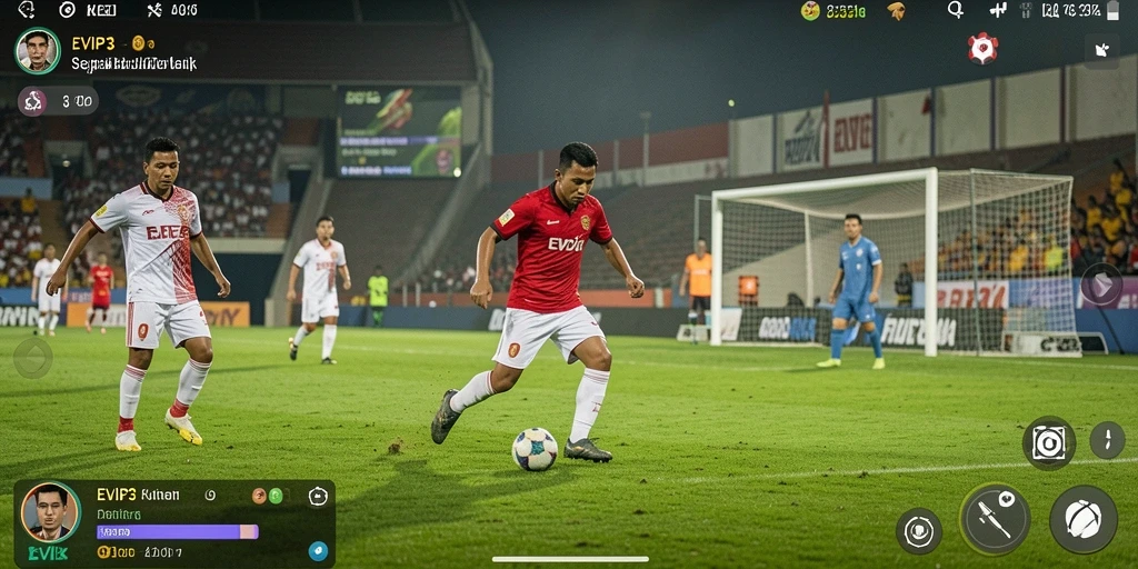 Screenshot EVIP3 menunjukkan aksi seru di lapangan sepak bola.