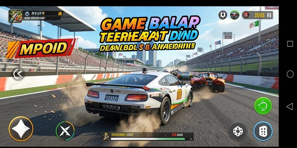 Screenshot gameplay MPOID yang menunjukkan mobil balap mendebarkan di lintasan.