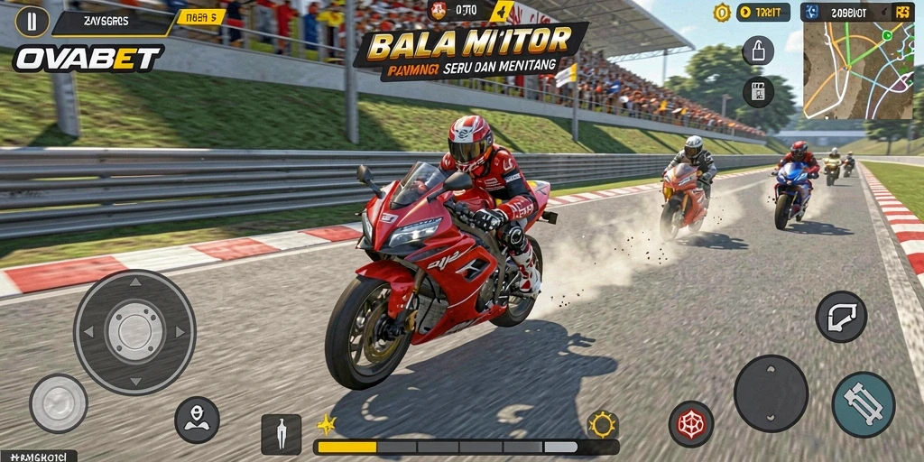 Screenshot gameplay OVABET menampilkan balapan motor yang intens dan menarik.