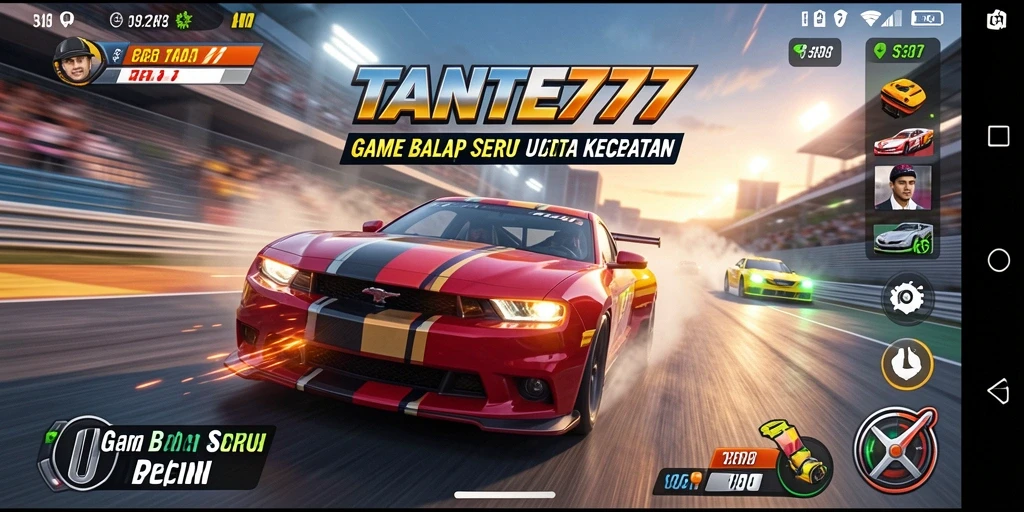 Screenshot gameplay TANTE777 menampilkan aksi balap yang menegangkan.